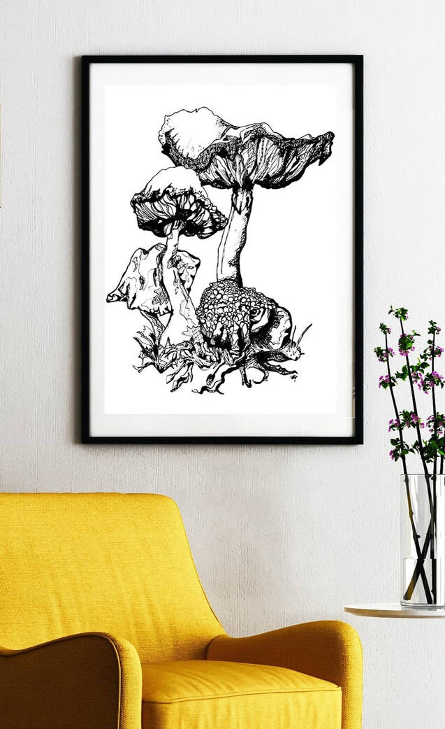 Traditional ink illustration of mushrooms and a snail